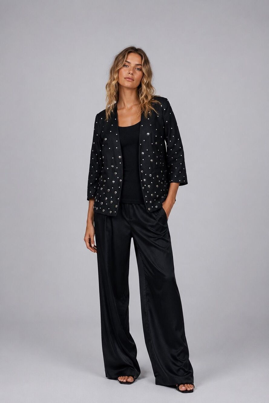 French Connection Studded Open Front Cotton Blazer Jacket Black Small (393)